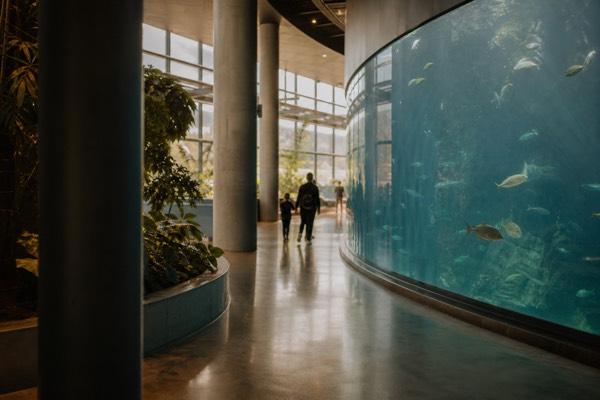 Family standing before the large curved ocean tank with rays and sharks at the Blue Planet